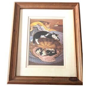 Vintage Wood Framed Matted Cat and Kittens in Basket on Rug 9.5 X 11.5 inches